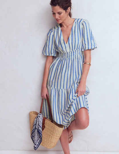 Irene Linen Midi Dress-Blue Stripe