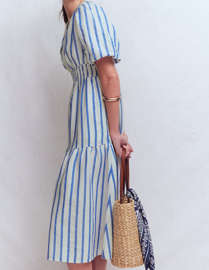 Irene Linen Midi Dress-Blue Stripe