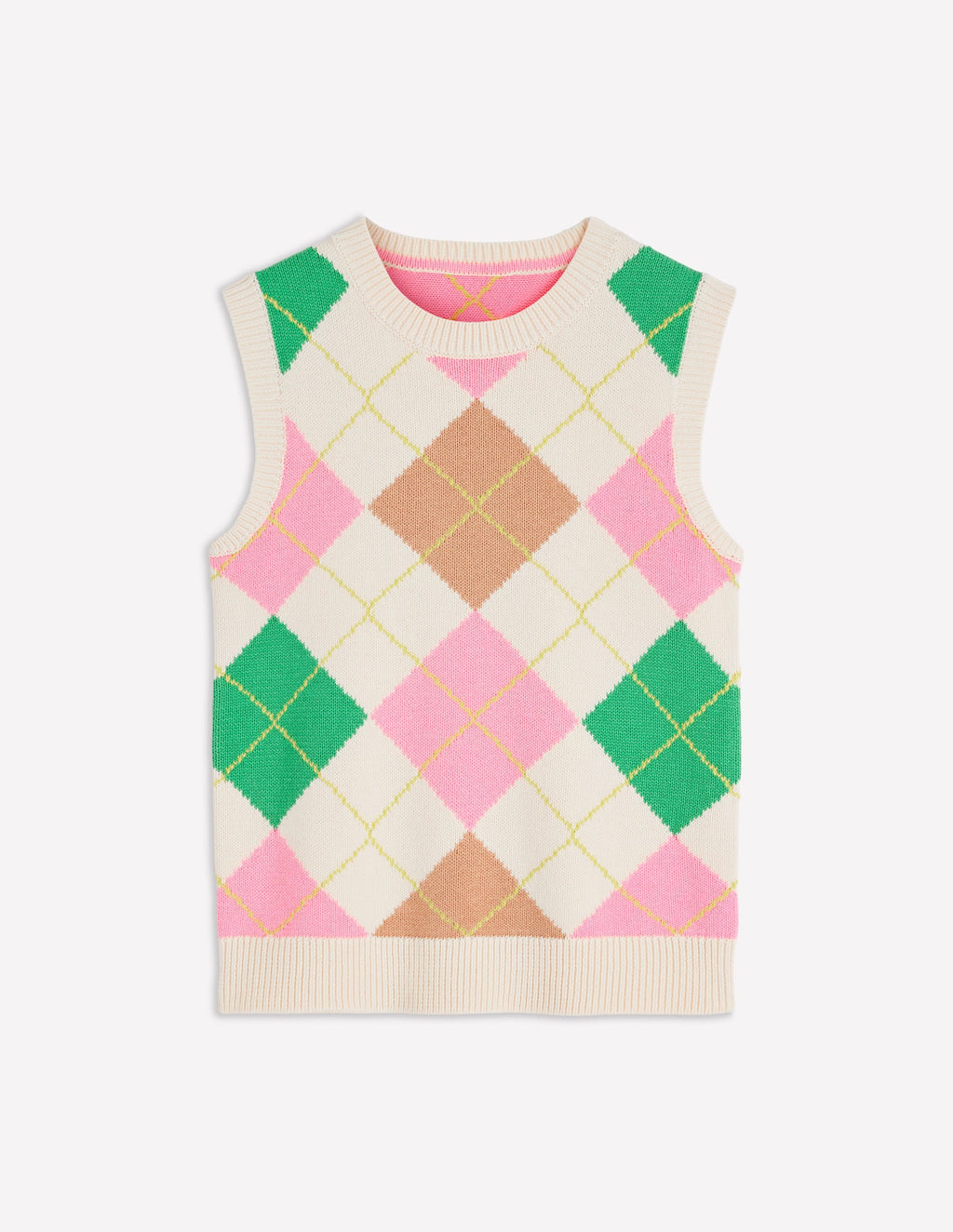 Lucy Cotton Vest-Green, Pink Argyle