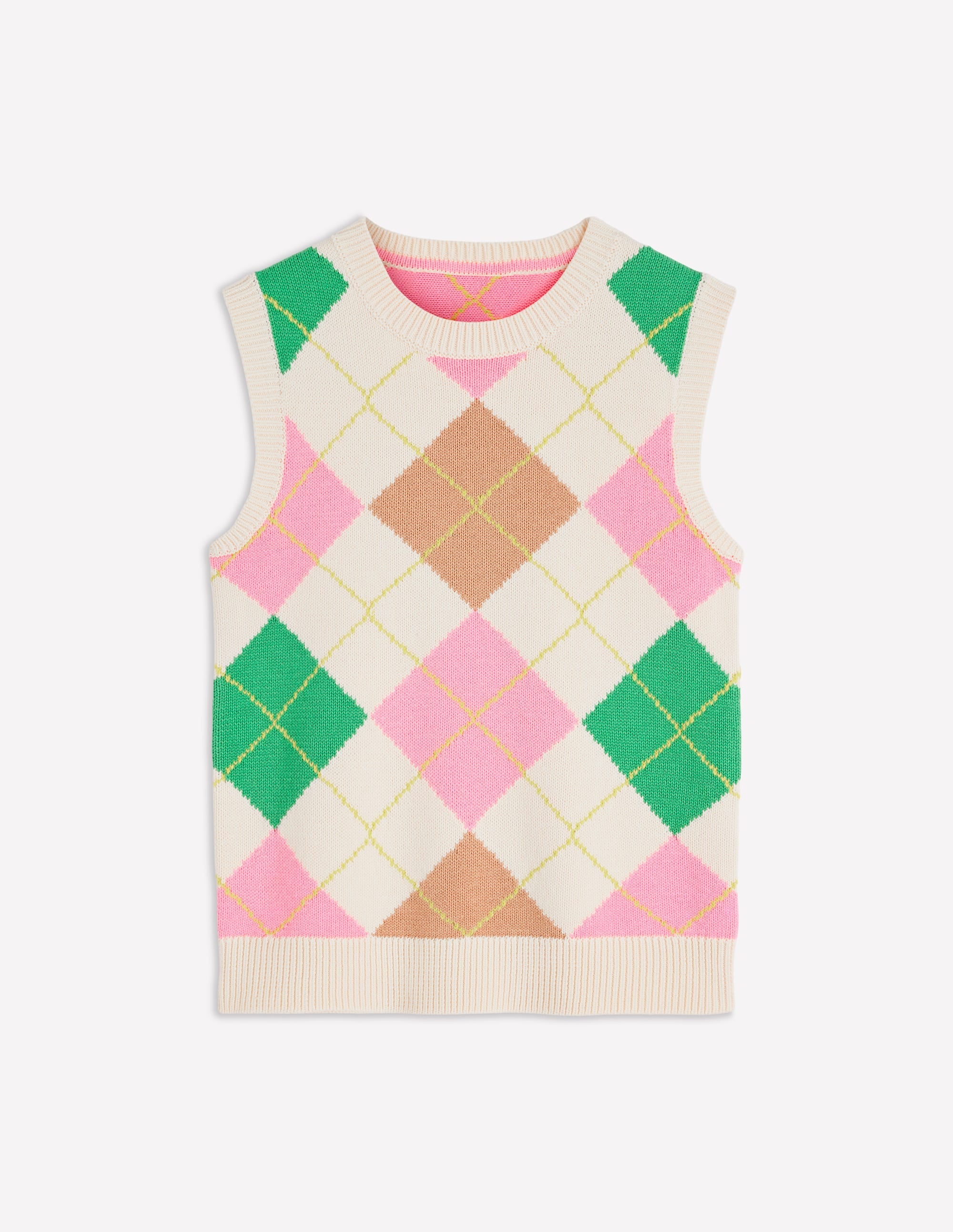 Lucy Cotton Vest-Green, Pink Argyle