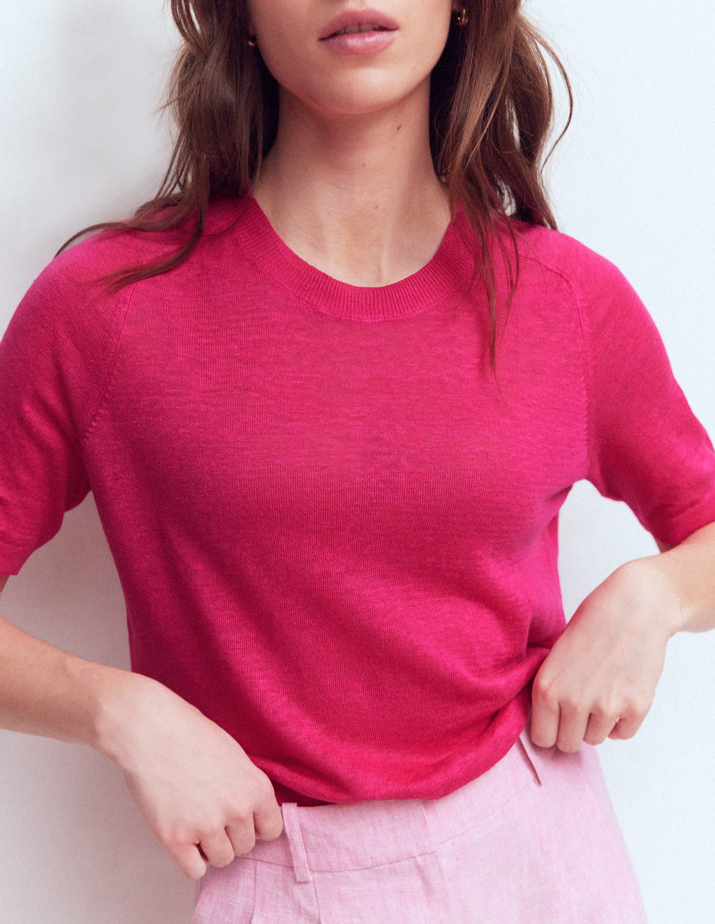 Agnes Linen Button T-Shirt-Pink Peony
