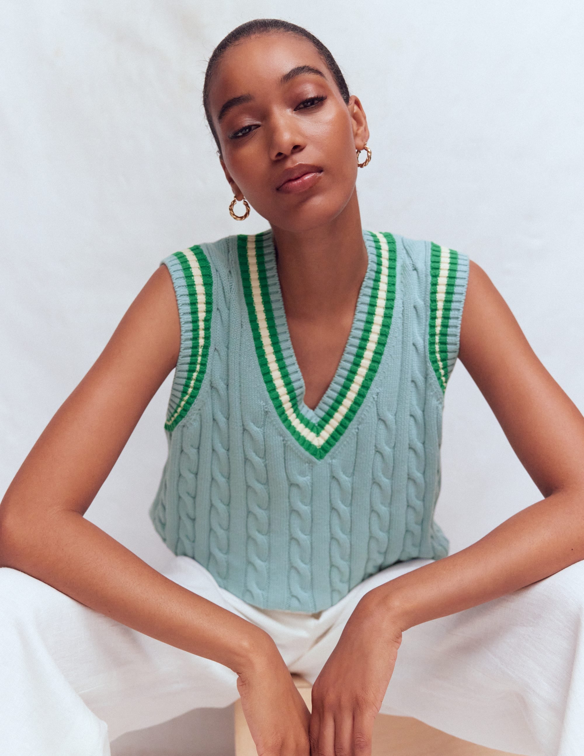 Maeve Cable V Neck Tank-Blue, Green