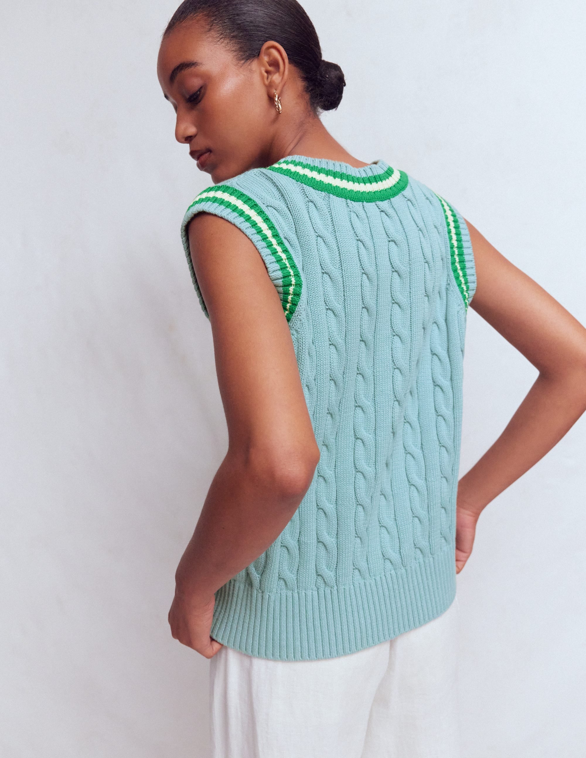 Maeve Cable V Neck Tank-Blue, Green