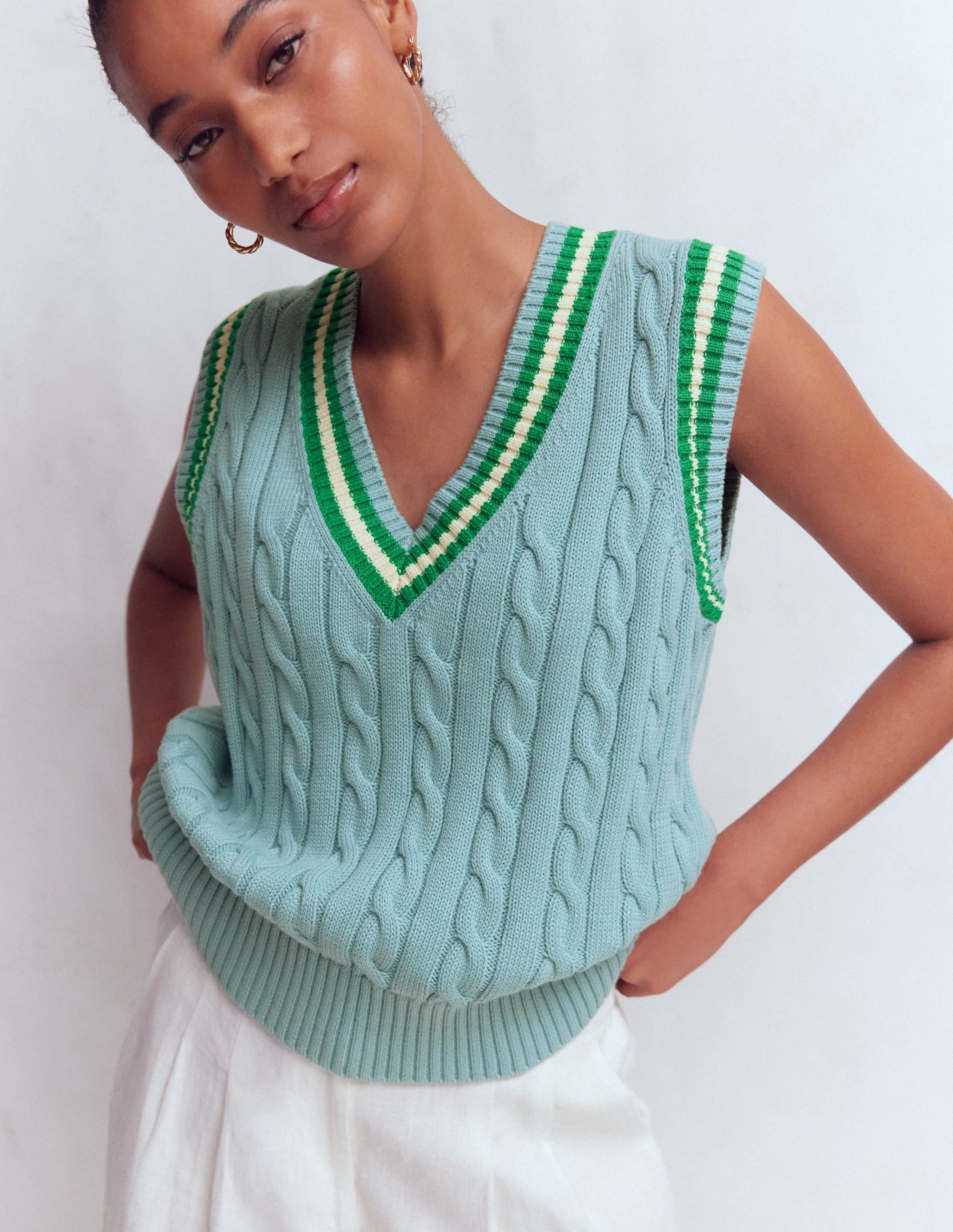 Maeve Cable V Neck Tank-Blue, Green