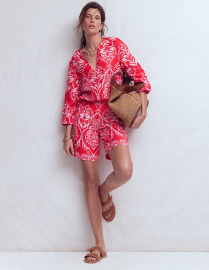 Kensington Linen Shorts-Poppy Red, Ornamental Garden