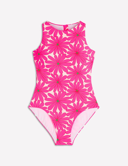 Sporty High Neck Swimsuit-Sangria Sunset, Daisy Blossom