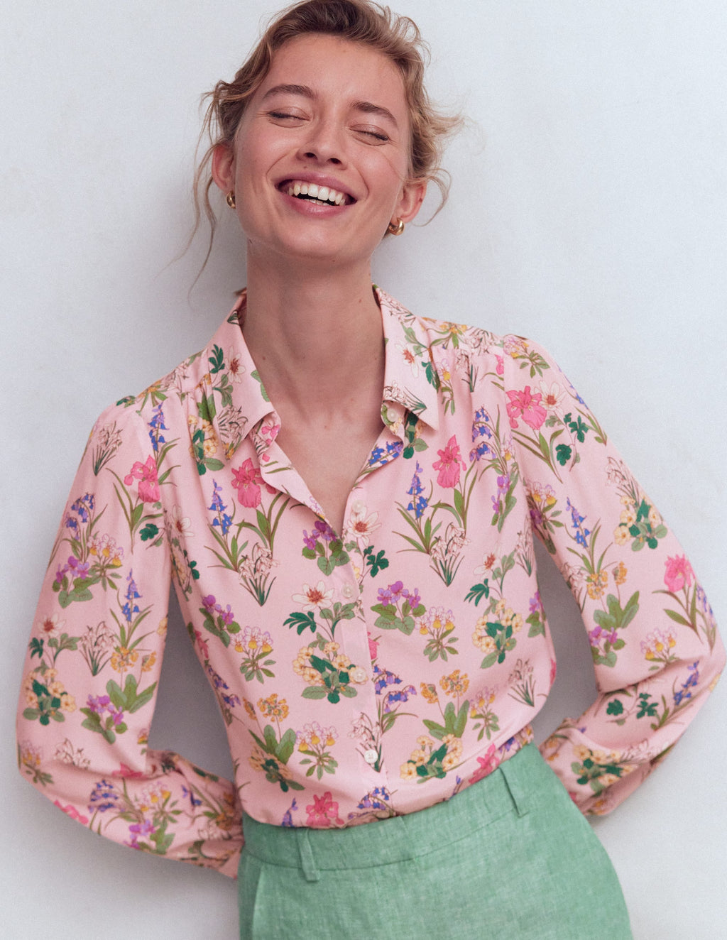 Sara Silk Shirt-French Pink, Delicate Blossom