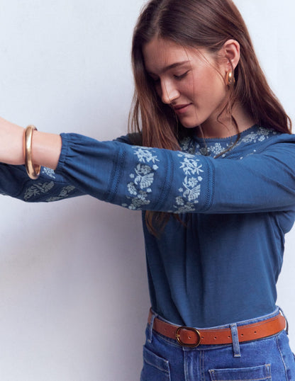 Rosie Embroidered Jersey Top-Denim Blue