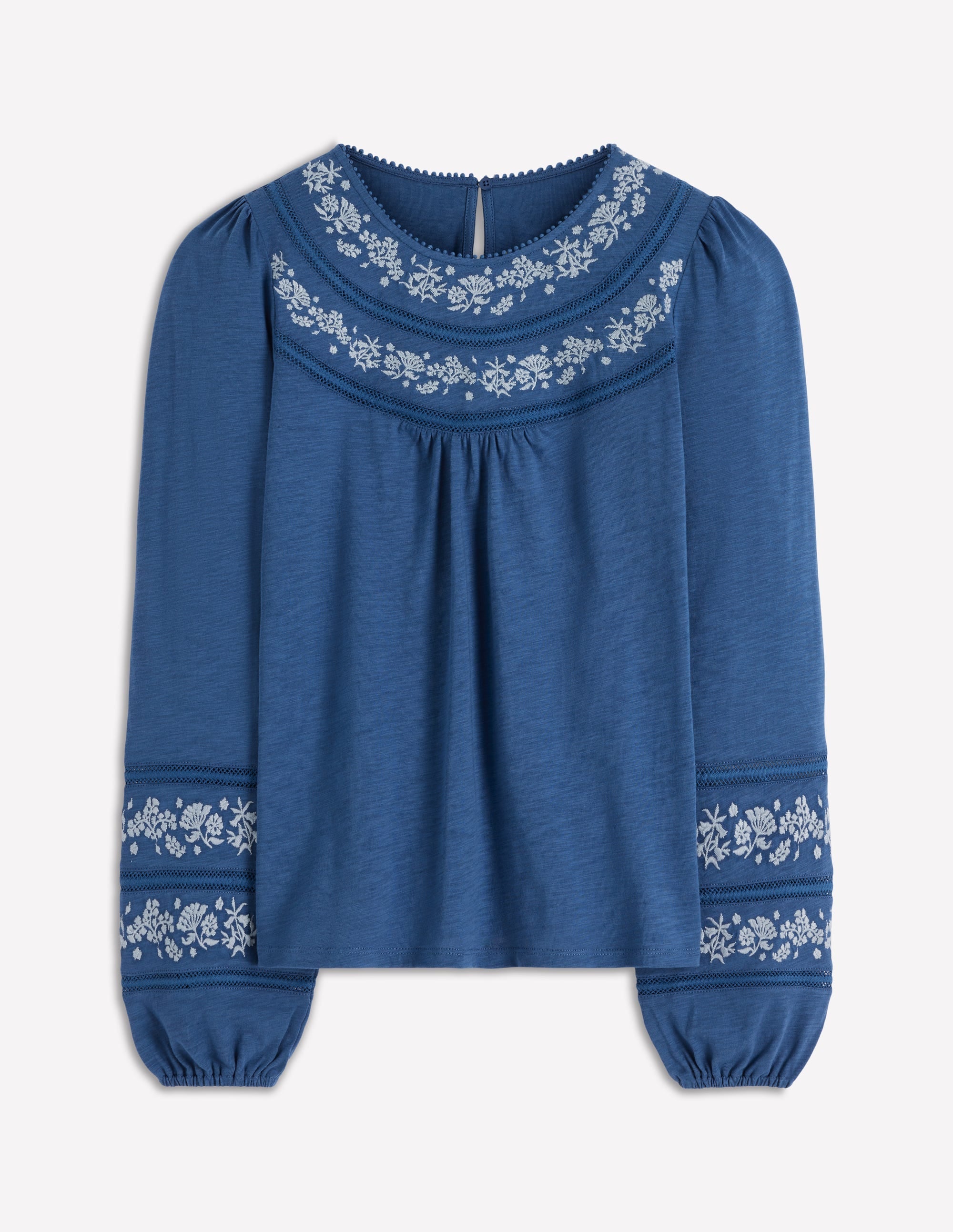 Rosie Embroidered Jersey Top-Denim Blue
