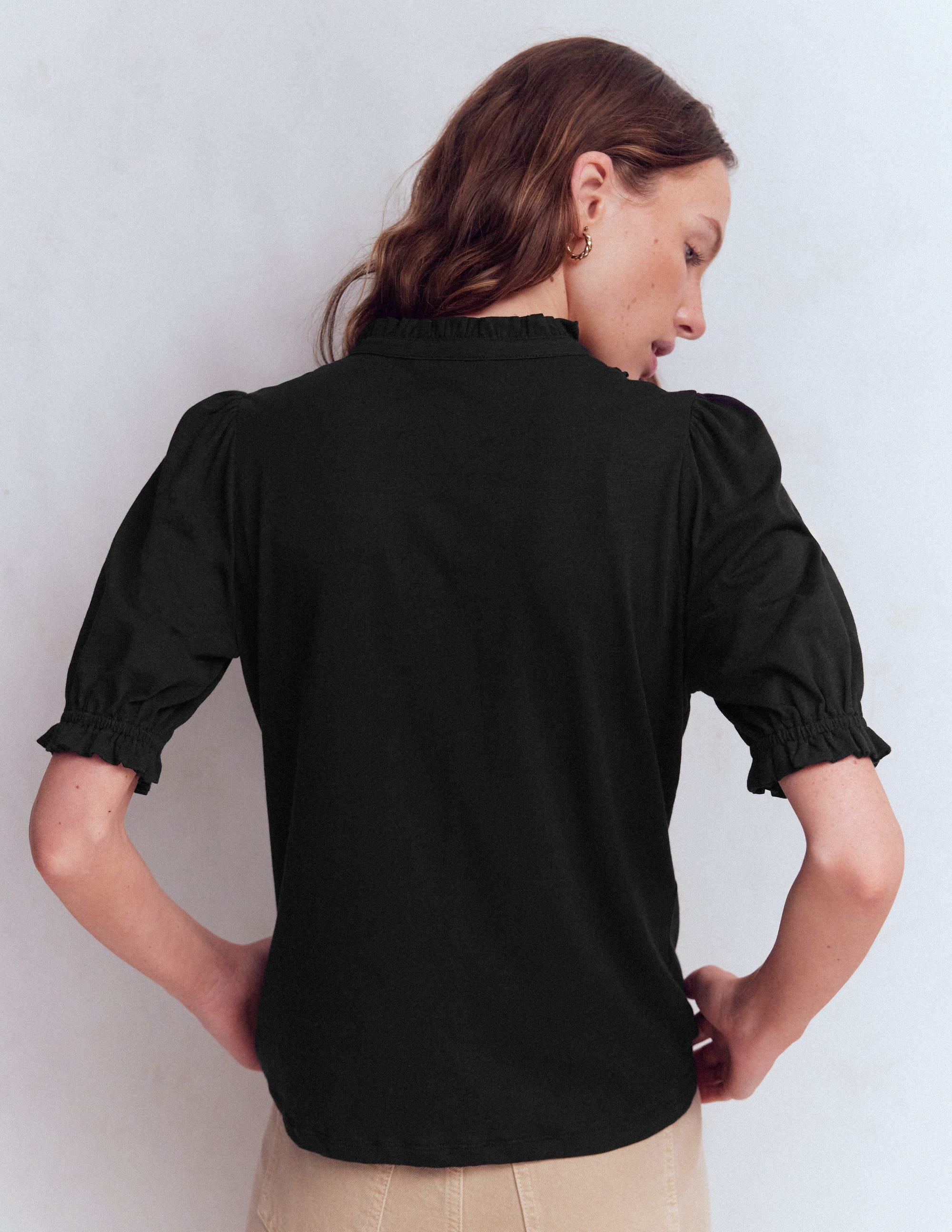 Eda Ruffle Front Shirt-Black