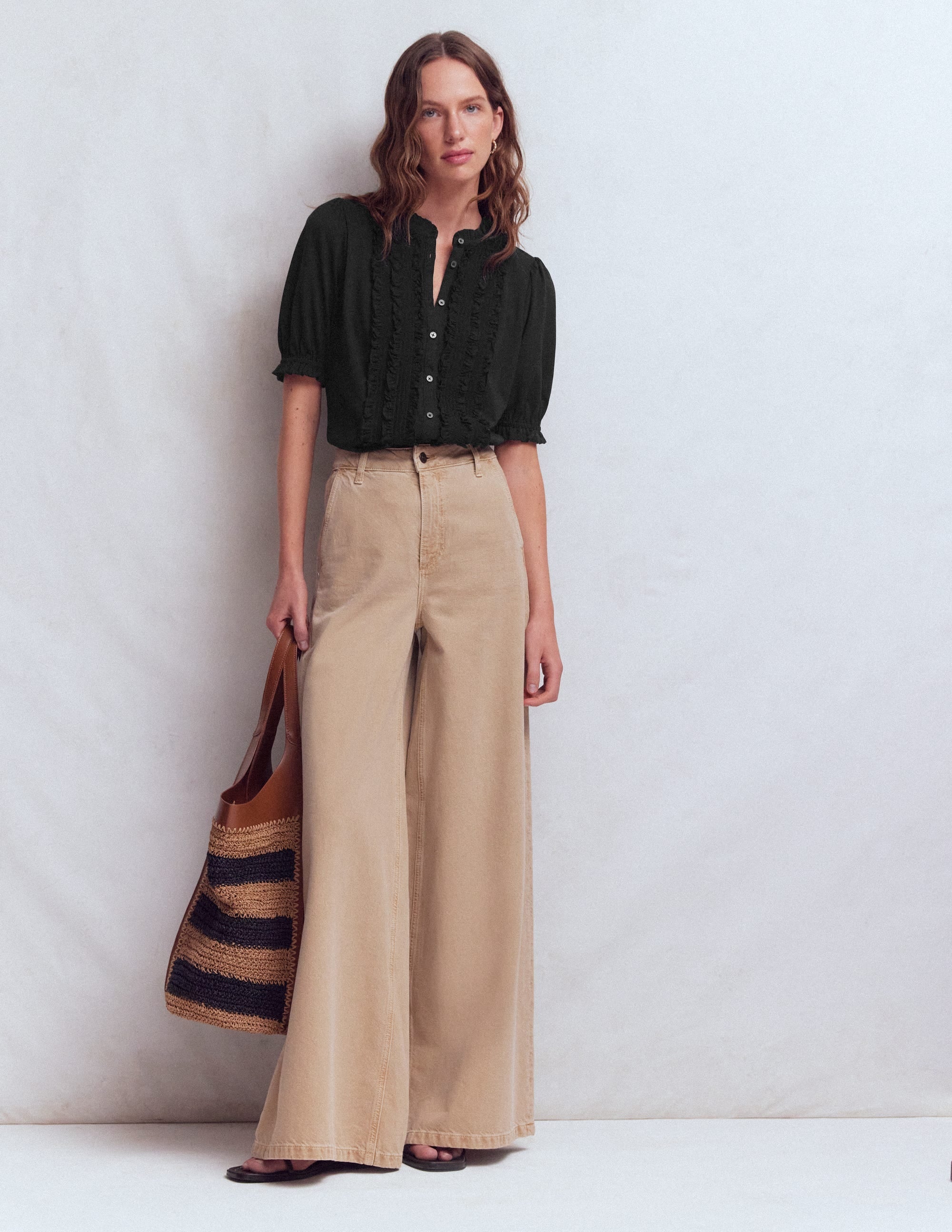Eda Ruffle Front Shirt-Black