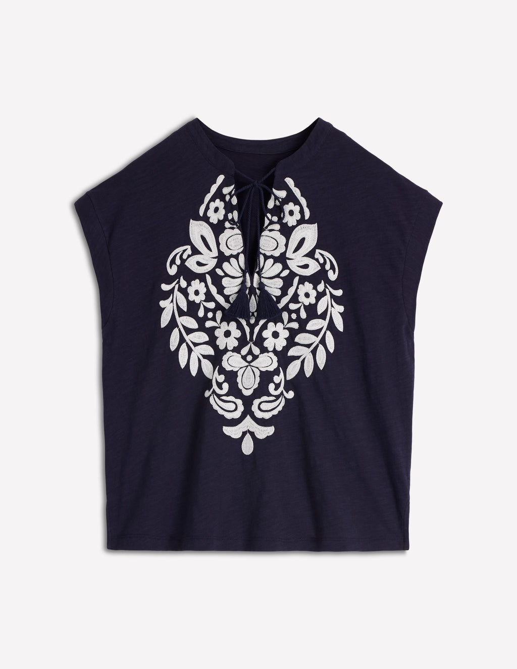 Nina Embroidered Notch T-shirt-Navy Embroidery