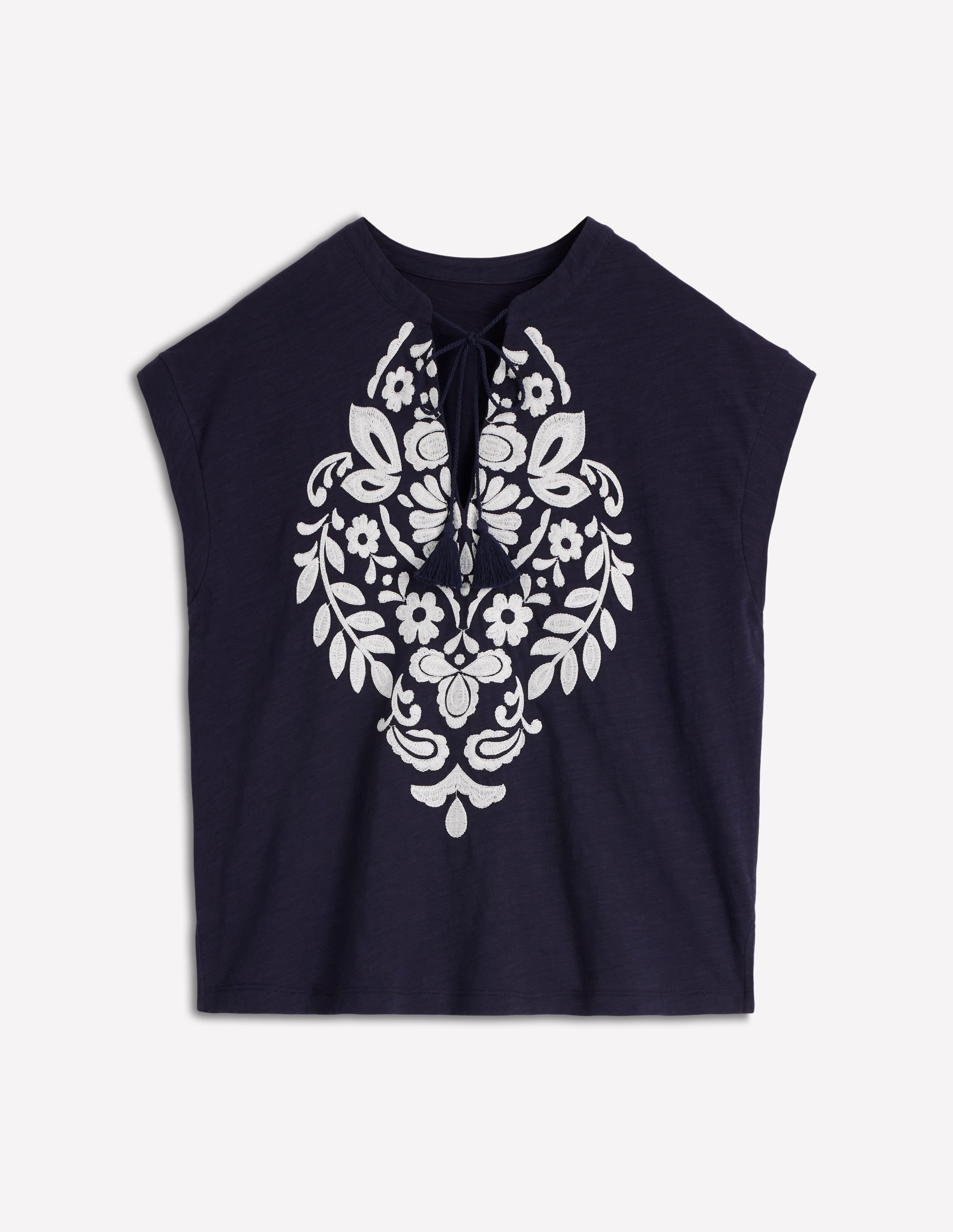 Nina Embroidered Notch T-shirt-Navy Embroidery