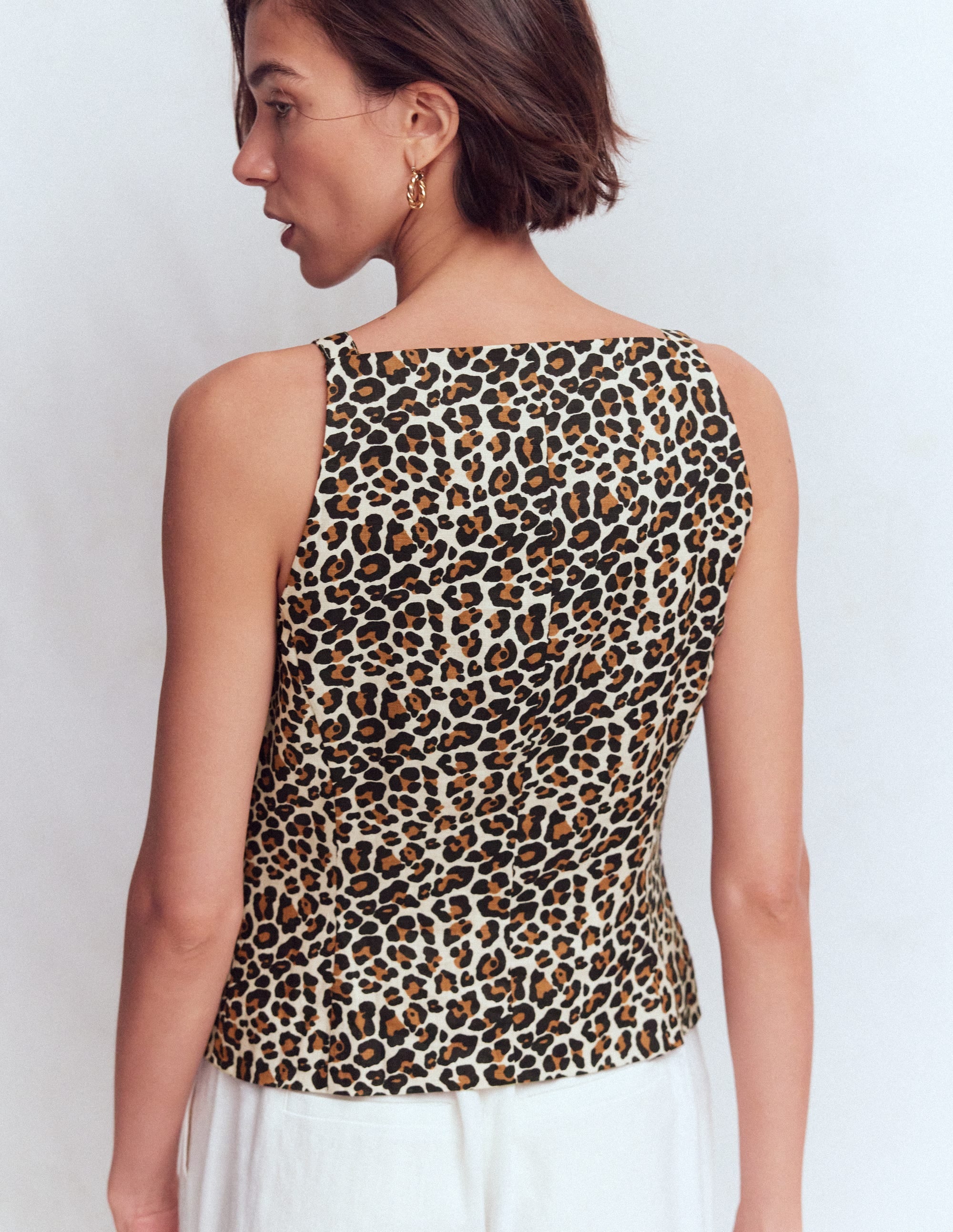 Square Neck Linen Waistcoat-Leopard Print
