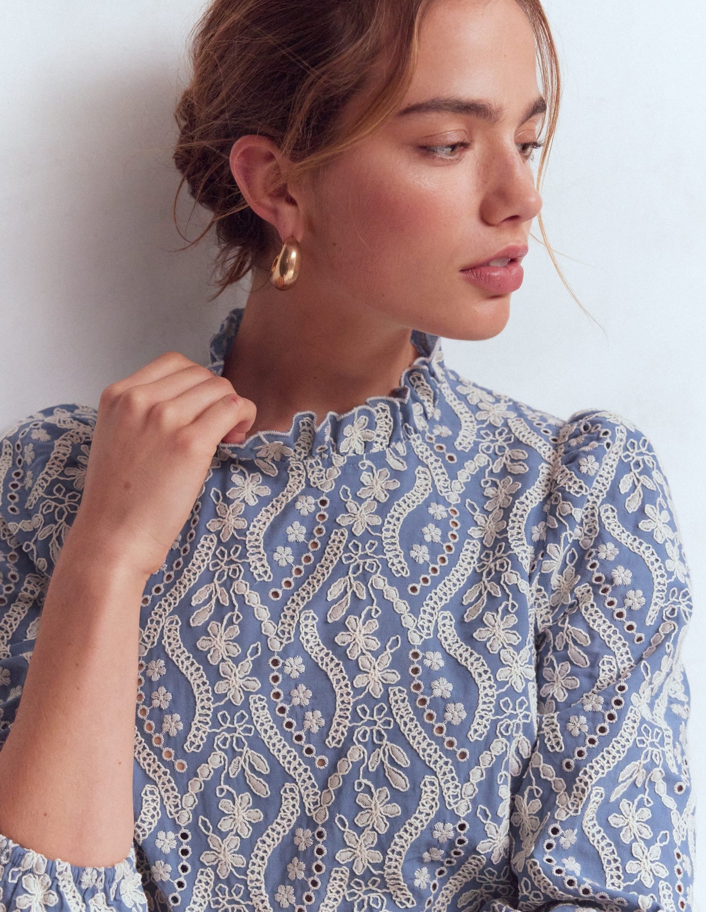 Puff Sleeve Interest Top-Blue and Ivory Broderie