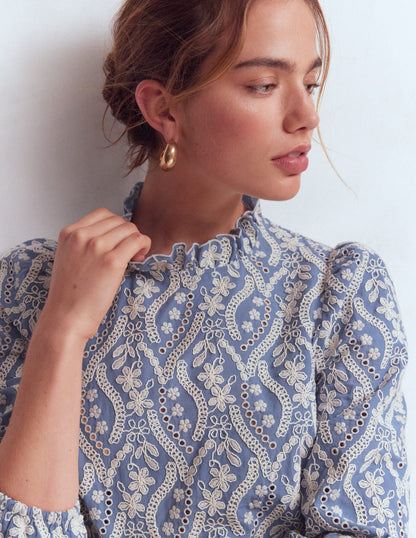 Puff Sleeve Interest Top-Blue and Ivory Broderie