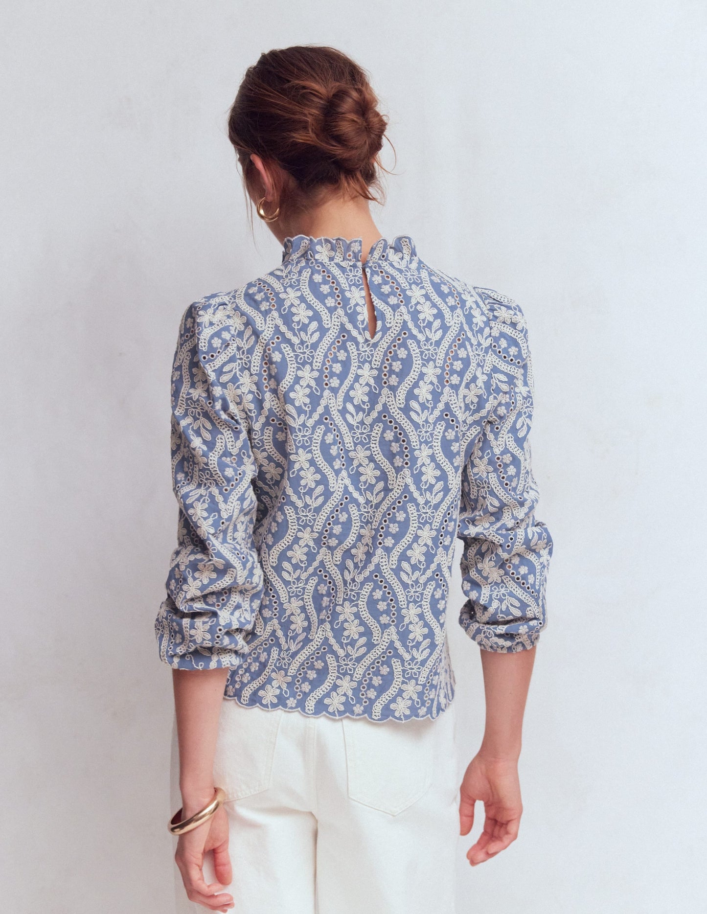 Puff Sleeve Interest Top-Blue and Ivory Broderie