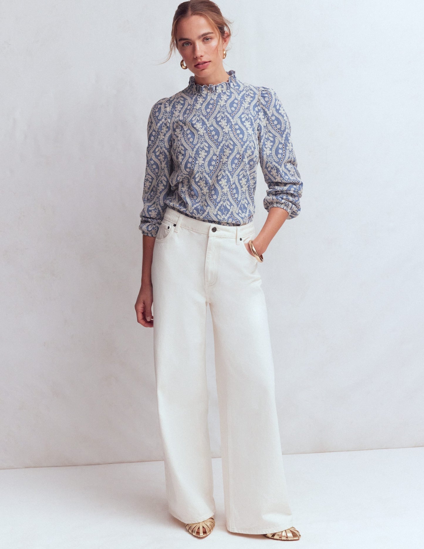 Puff Sleeve Interest Top-Blue and Ivory Broderie