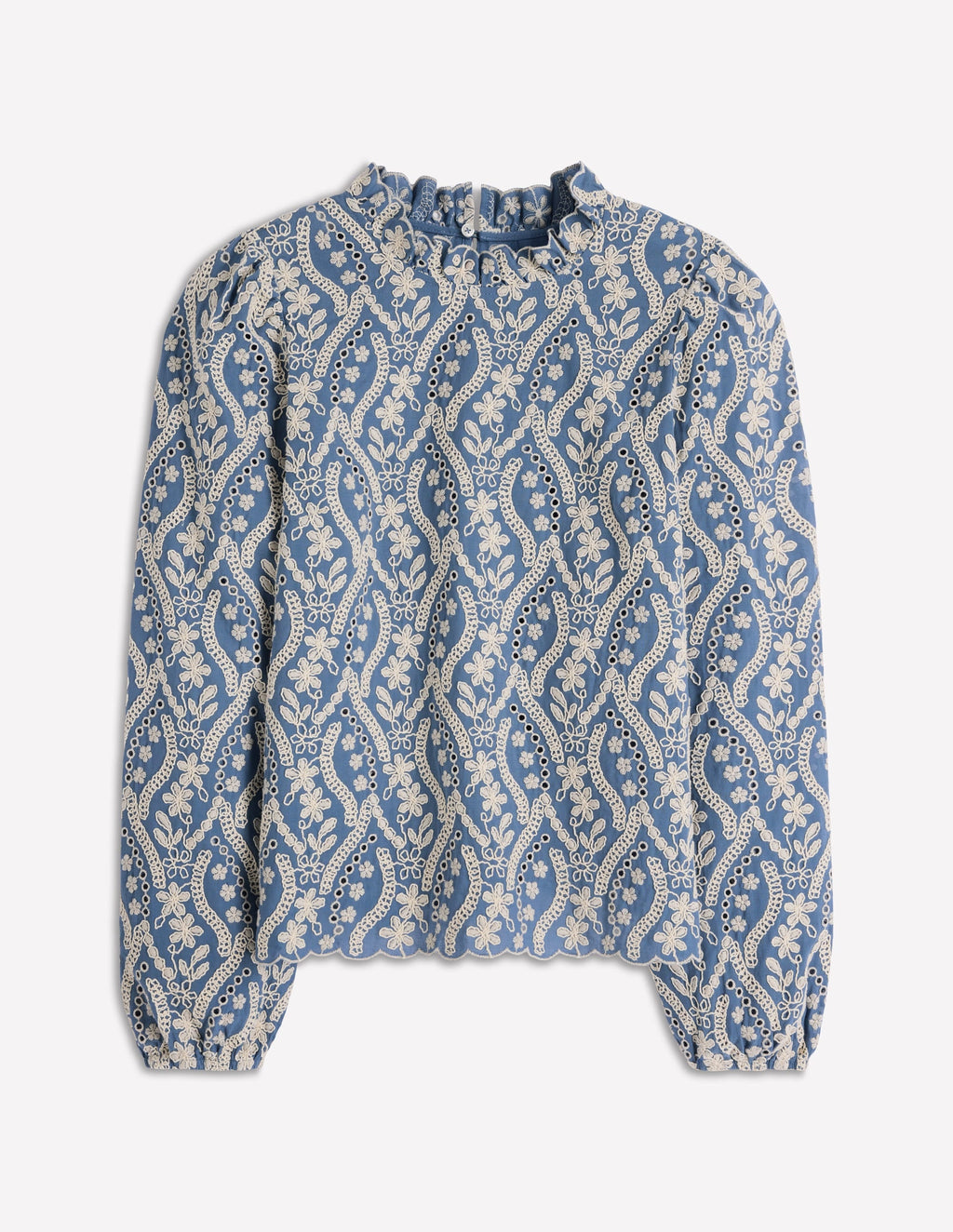 Puff Sleeve Interest Top-Blue and Ivory Broderie