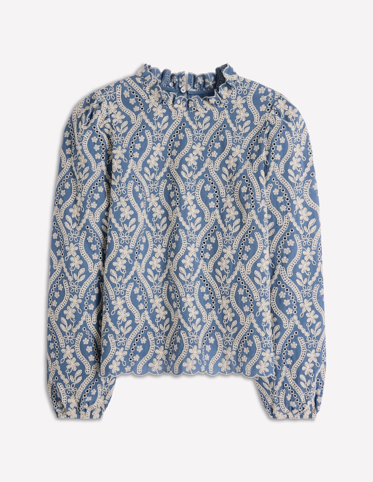Puff Sleeve Interest Top-Blue and Ivory Broderie