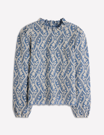 Puff Sleeve Interest Top-Blue and Ivory Broderie