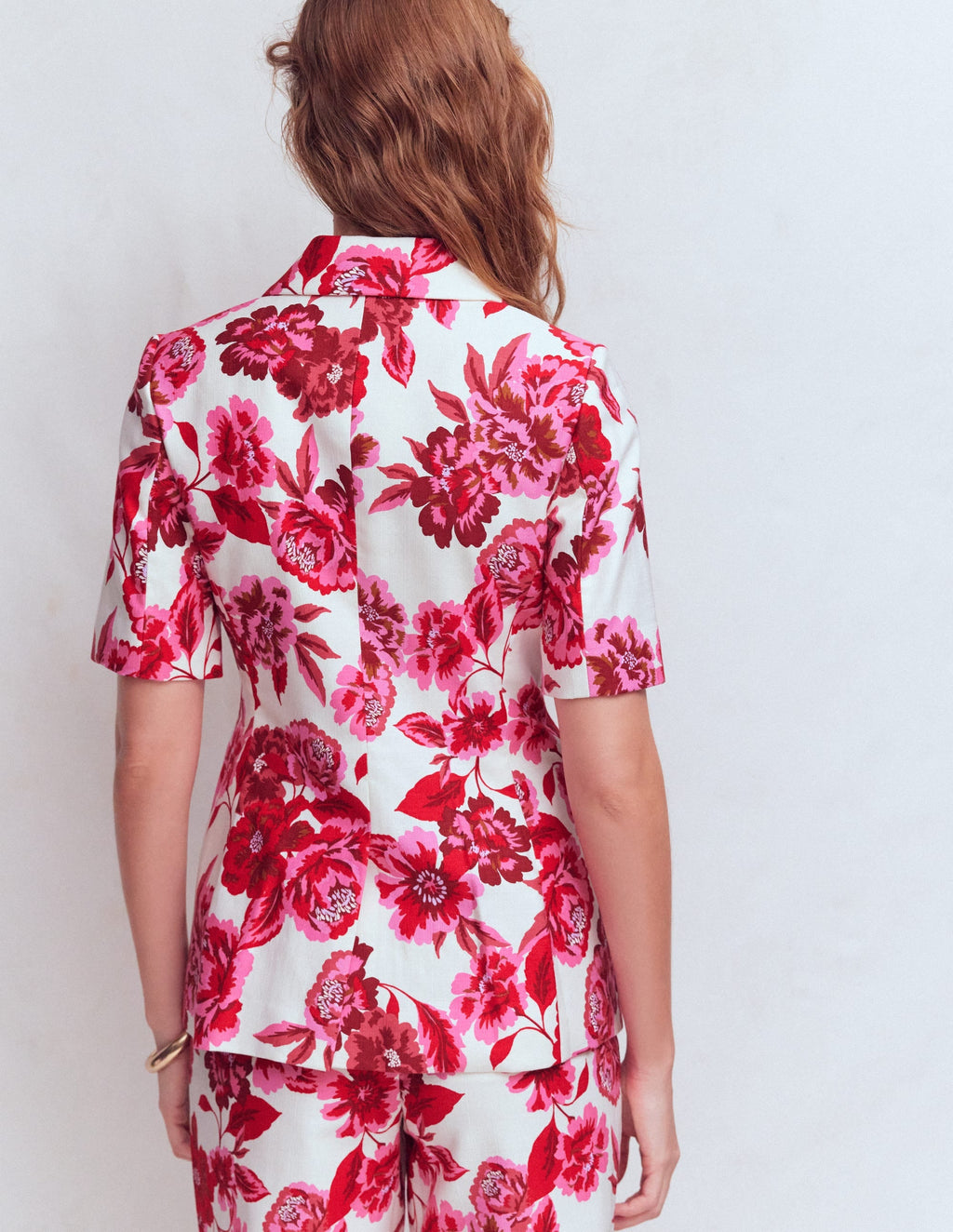 Short Sleeve Cotton Blazer-Sangria Sunset, Floral Print