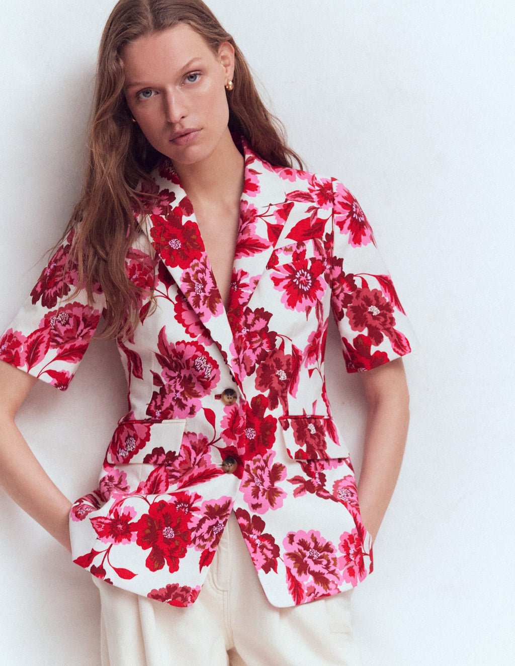Short Sleeve Cotton Blazer-Sangria Sunset, Floral Print