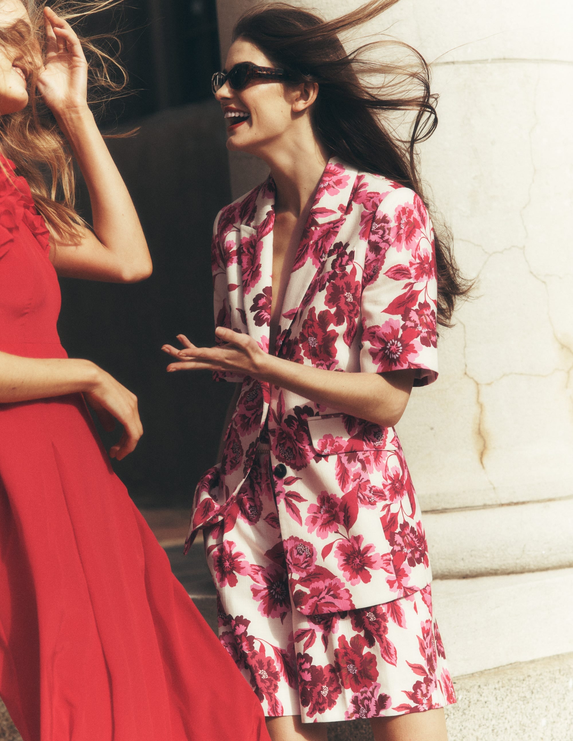 Short Sleeve Cotton Blazer-Sangria Sunset, Floral Print