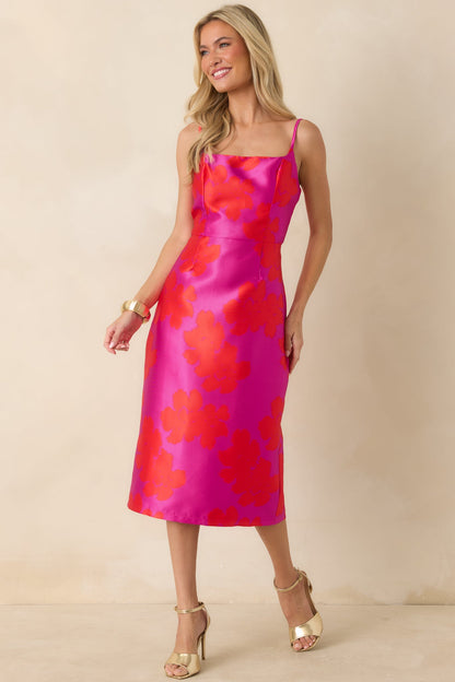 Make an Entrance Fuchsia & Red Floral Jacquard Midi Dress