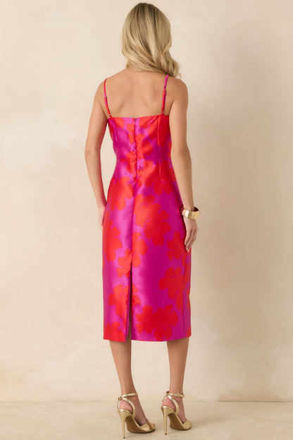 Make an Entrance Fuchsia & Red Floral Jacquard Midi Dress