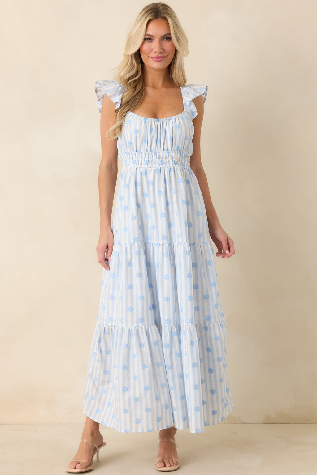 Meadow Mornings Blue Stripe Floral Embroidered Cotton Maxi Dress