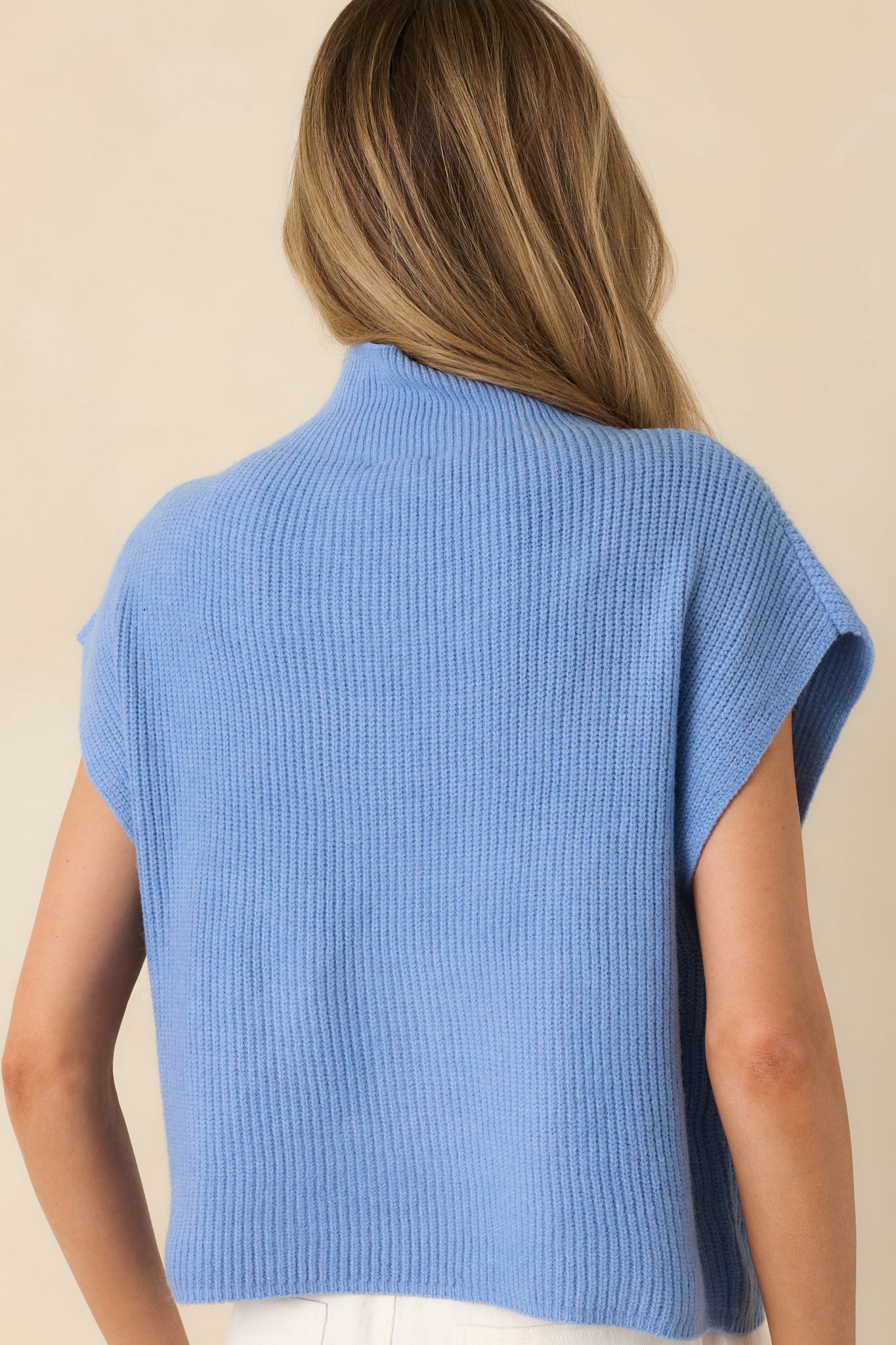 Cool Intentions Blue Ribbed Knit Mockneck Cap Sleeve Sweater