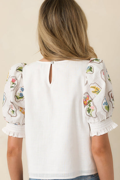 Pressed Flowers & Porcelain Ivory Multi Cotton Embroidered Floral Top