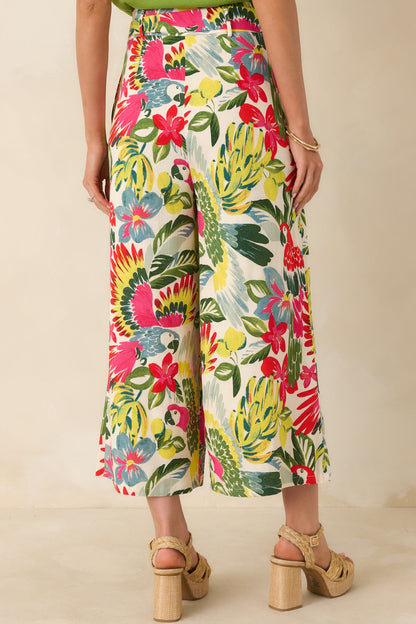 Talk Tropic To Me Red Multi Parrot Print Belted Crop Pants
