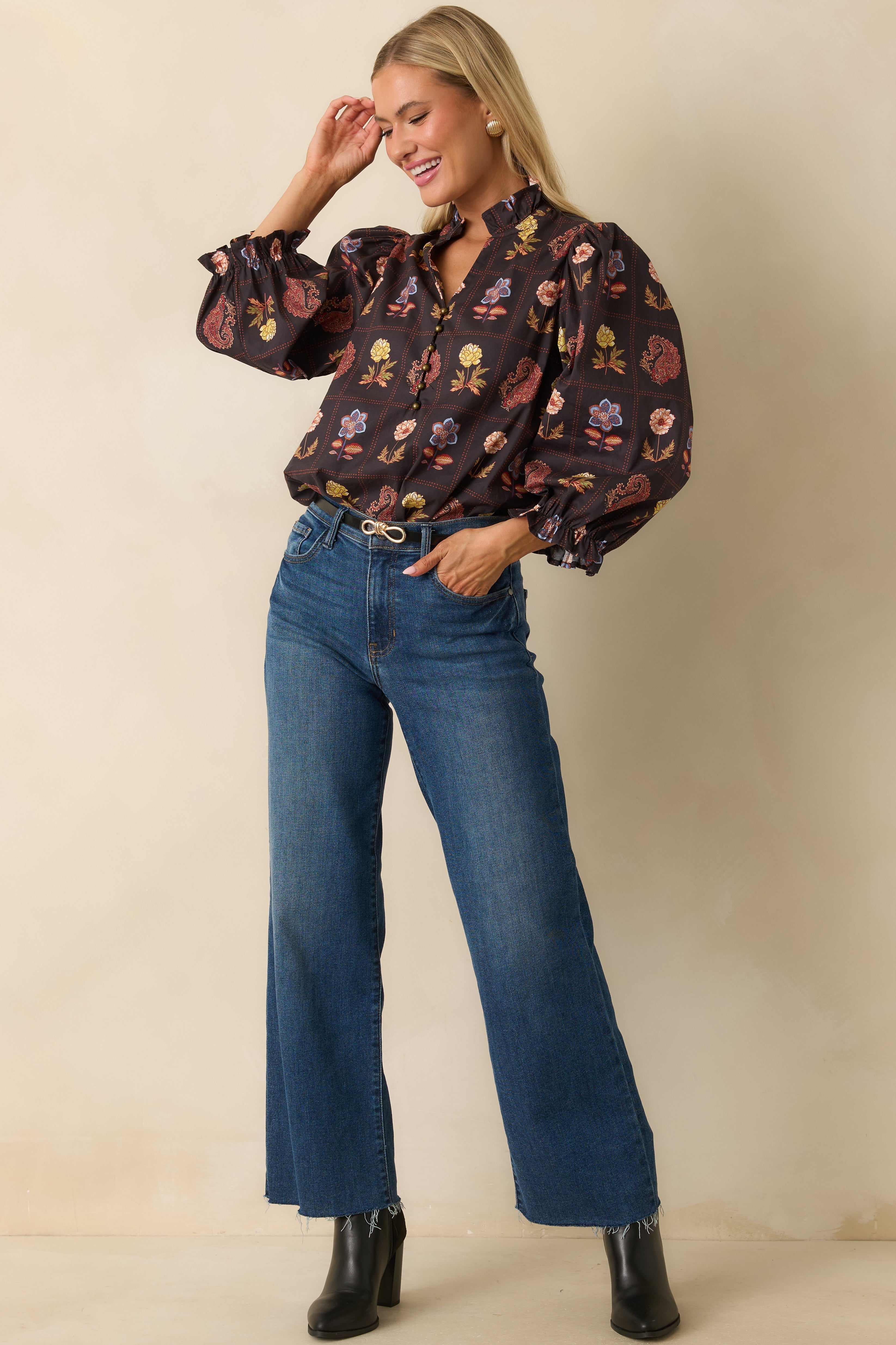 Everything’s Blooming Black Multi Floral Cotton Puff Sleeve Blouse