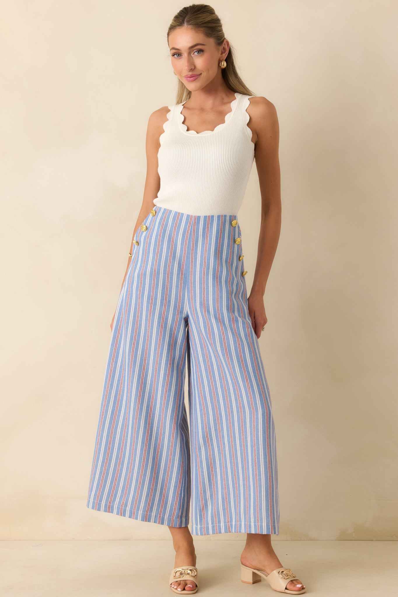 Prosperina Deitrich Blue & Red Stripe Wide Leg Cotton Blend Pants