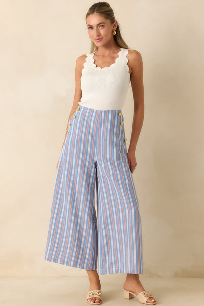 Prosperina Deitrich Blue & Red Stripe Wide Leg Cotton Blend Pants