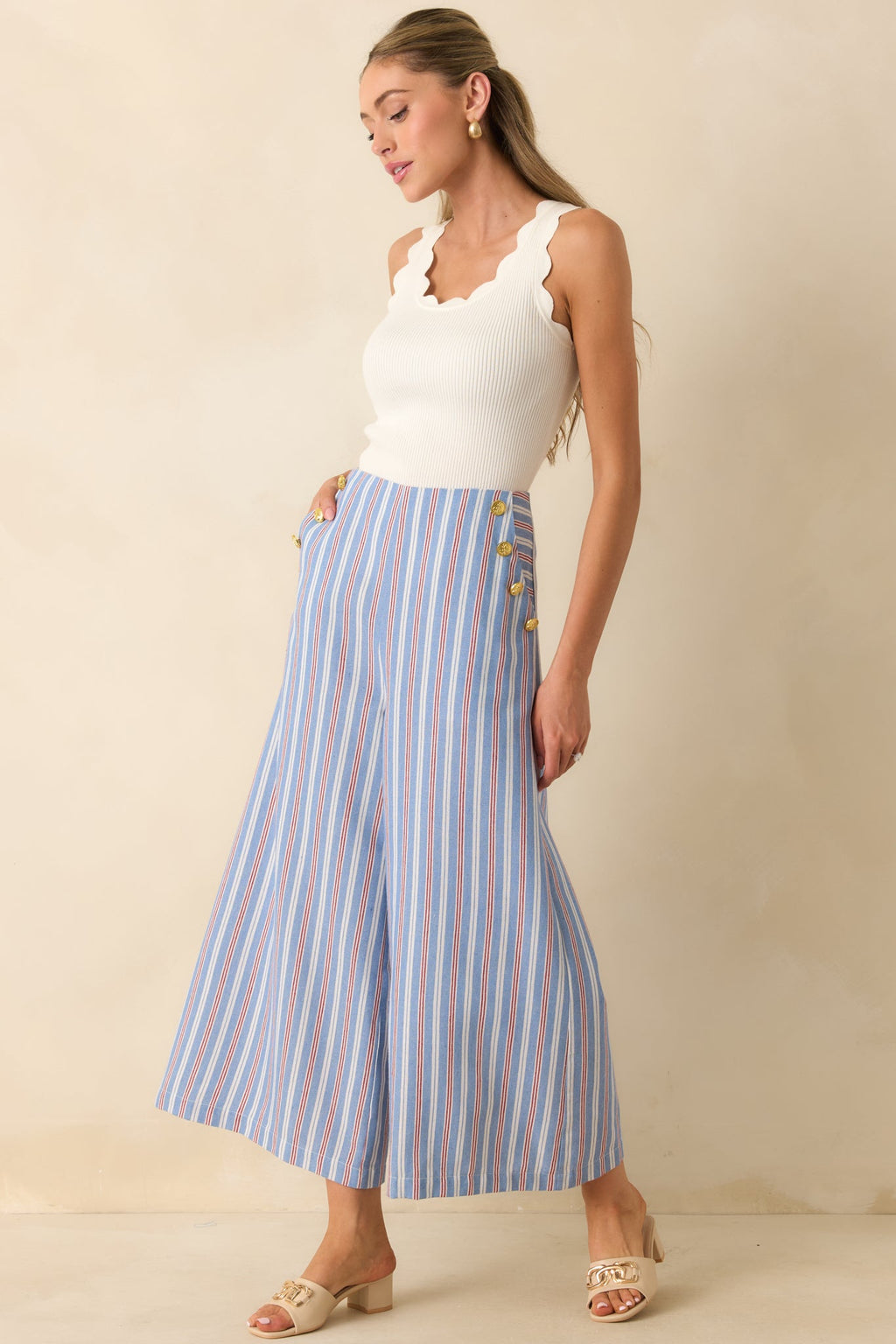 Prosperina Deitrich Blue & Red Stripe Wide Leg Cotton Blend Pants