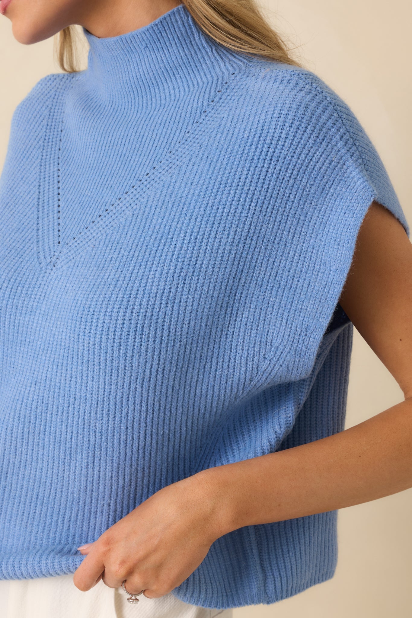 Cool Intentions Blue Ribbed Knit Mockneck Cap Sleeve Sweater
