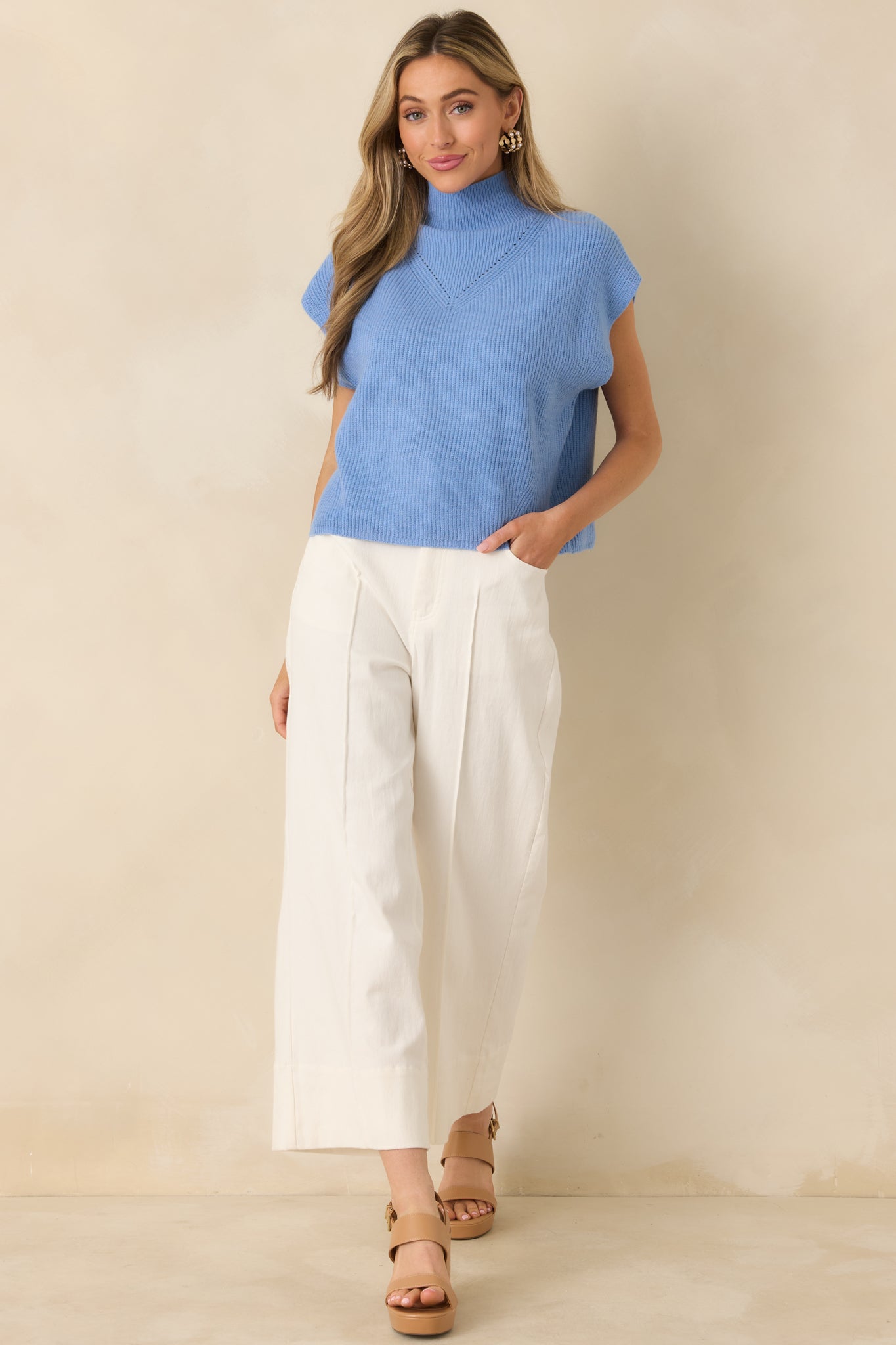 Cool Intentions Blue Ribbed Knit Mockneck Cap Sleeve Sweater