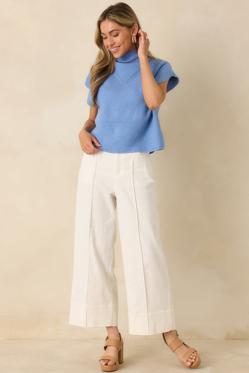 Cool Intentions Blue Ribbed Knit Mockneck Cap Sleeve Sweater