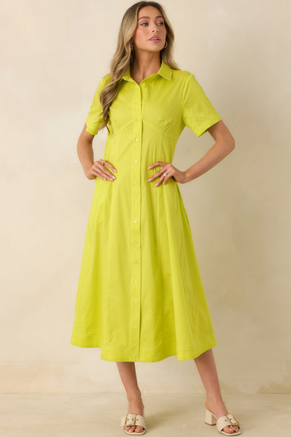 Make It Look Easy Chartreuse Short Sleeve Midi Shirt Dress