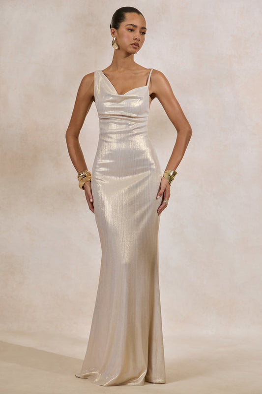 Galaxy Shimmer | Champagne Bias Cut Cowl Front Maxi Dress