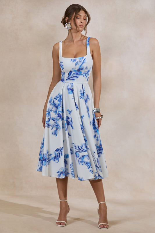 Lissa | Blue Floral Print Square-Neck Midi Dress