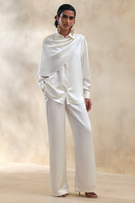 Ilena | Cream Satin Wide-Leg Trouser