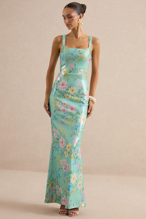 Danette | Mint Floral Print Sequin Square-Neck Maxi Dress
