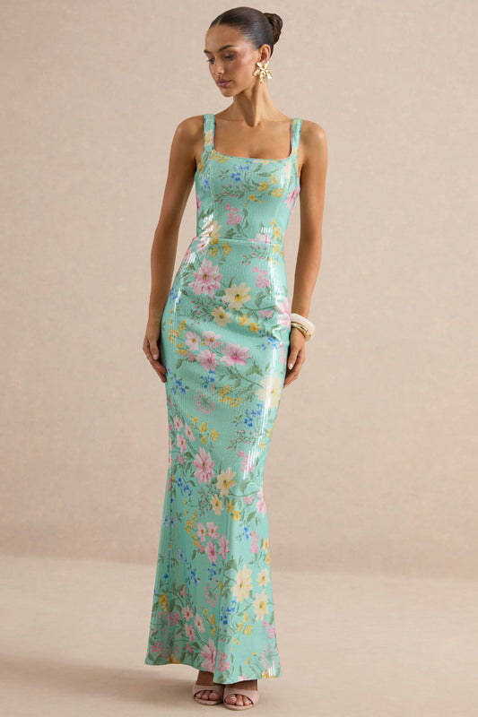 Danette | Mint Floral Print Sequin Square-Neck Maxi Dress