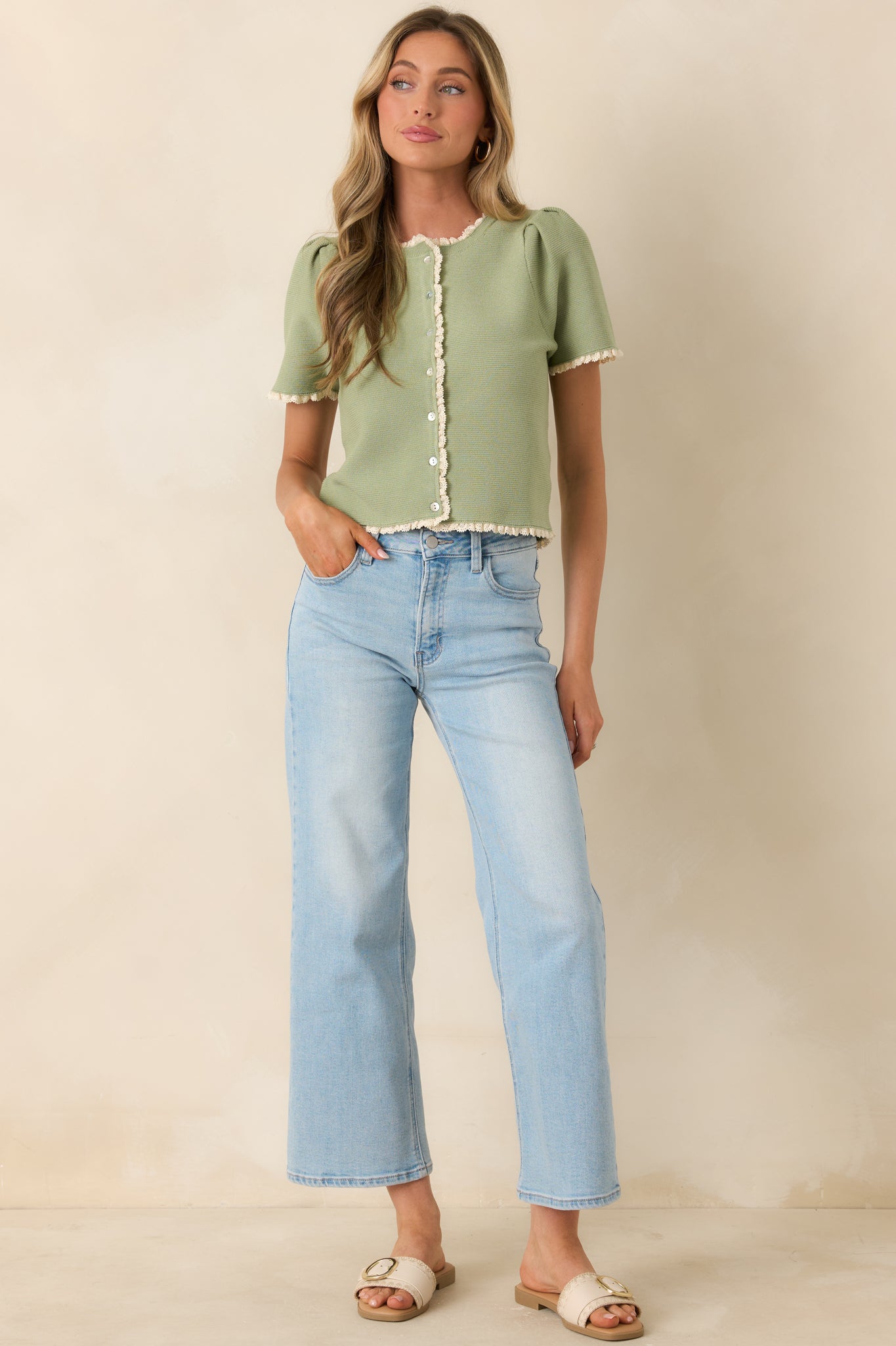 Like a Dream Light Green Knit Lace Trim Button Front Top