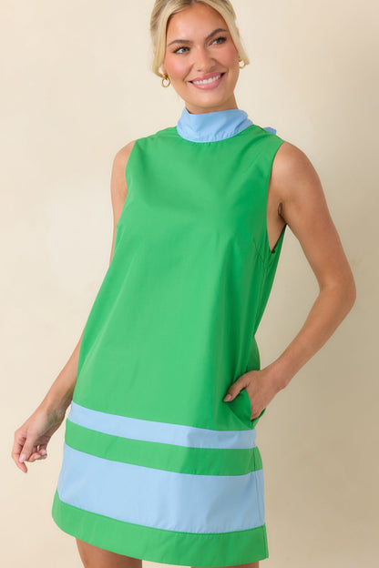 Up to Something Green & Light Blue Contrast Tie-Back Sleeveless Mini Dress