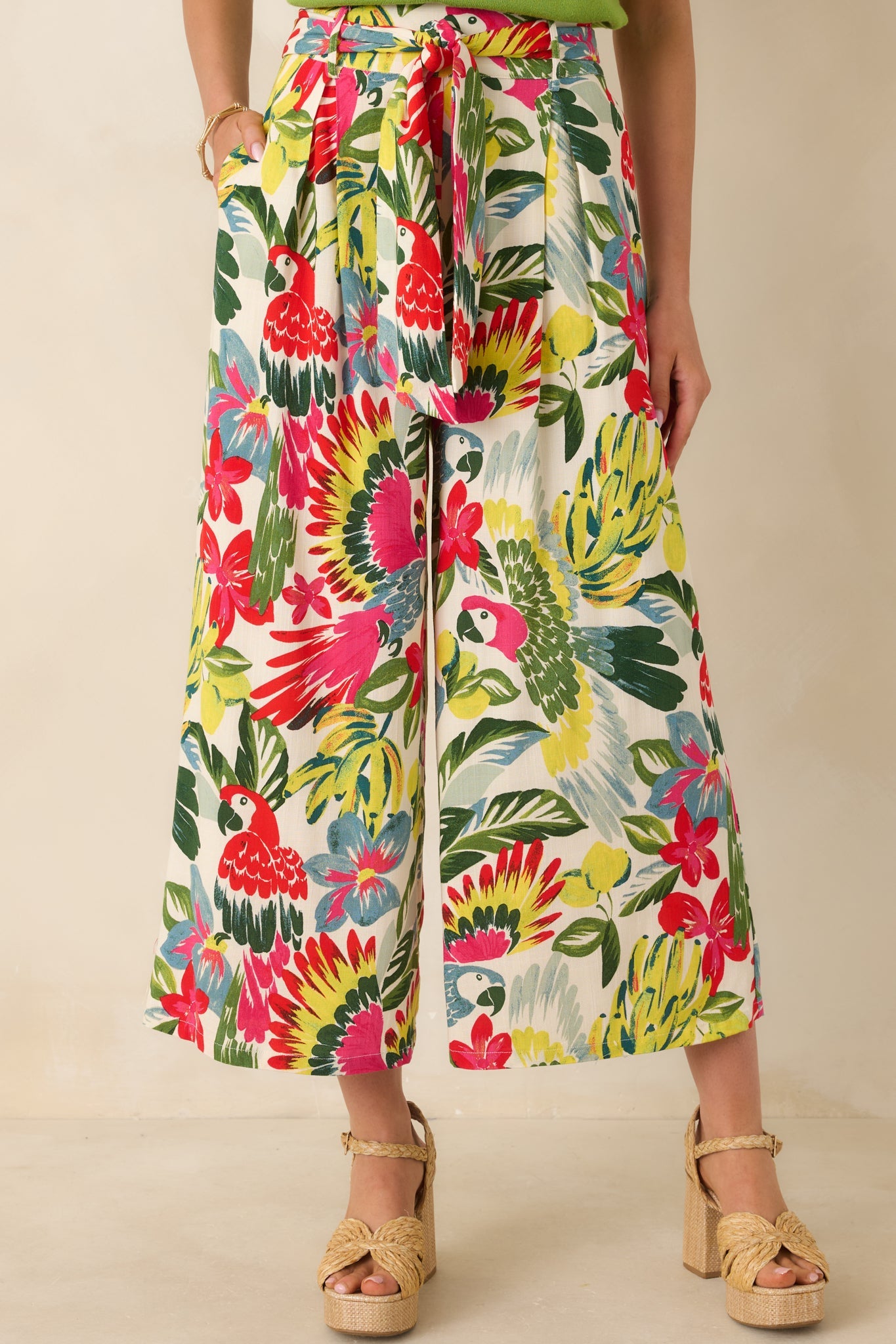 Talk Tropic To Me Red Multi Parrot Print Belted Crop Pants
